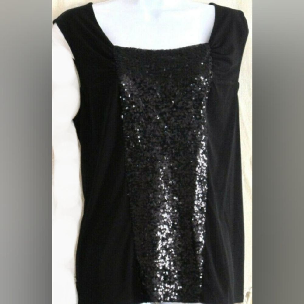 Relativity Sleeveless Top Blouse Sequins Silky Stretchy Day to Night Black L